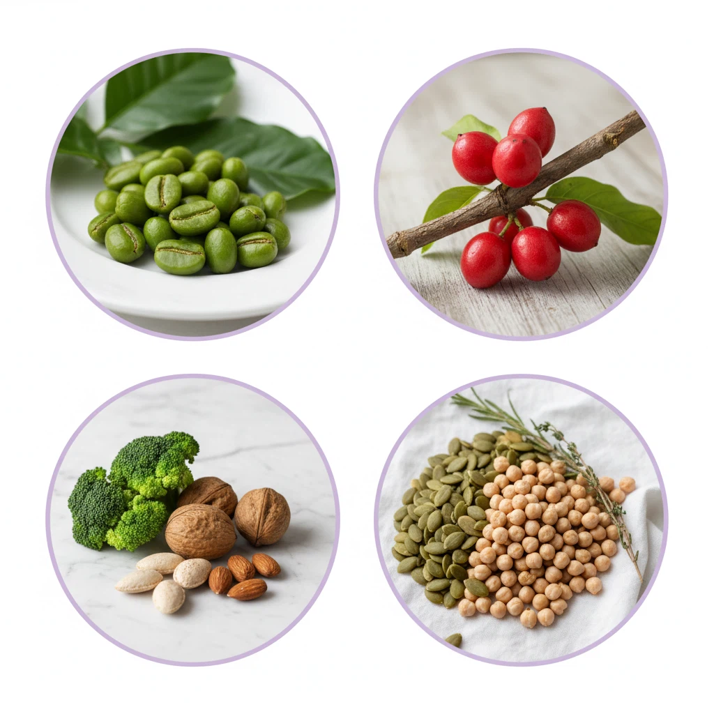 Botanical ingredients: green coffee beans, guarana berries, broccoli and nuts for chromium, pumpkin seeds for zinc - supplement with plant extracts and zinc